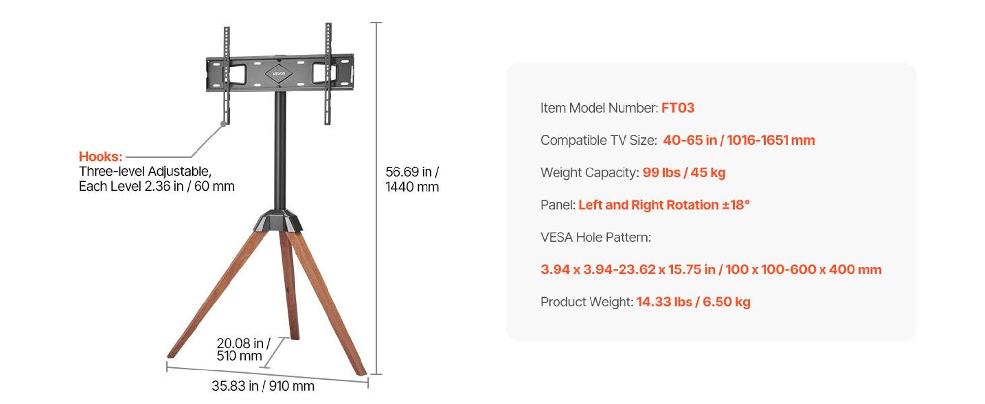 VEVOR Rollender TV-Ständer, Mobiler TV-Wagen für 35-100 Zoll LED/LCD/OLED Flach-/Curved-TVs, Tragbarer Monitorständer mit Rädern für bis zu 198 lbs für Wohnzimmer, Schlafzimmer, Büro, Außenbereich, Max VESA 800x600mm, Kein Tablett-a, 3 Halterungen