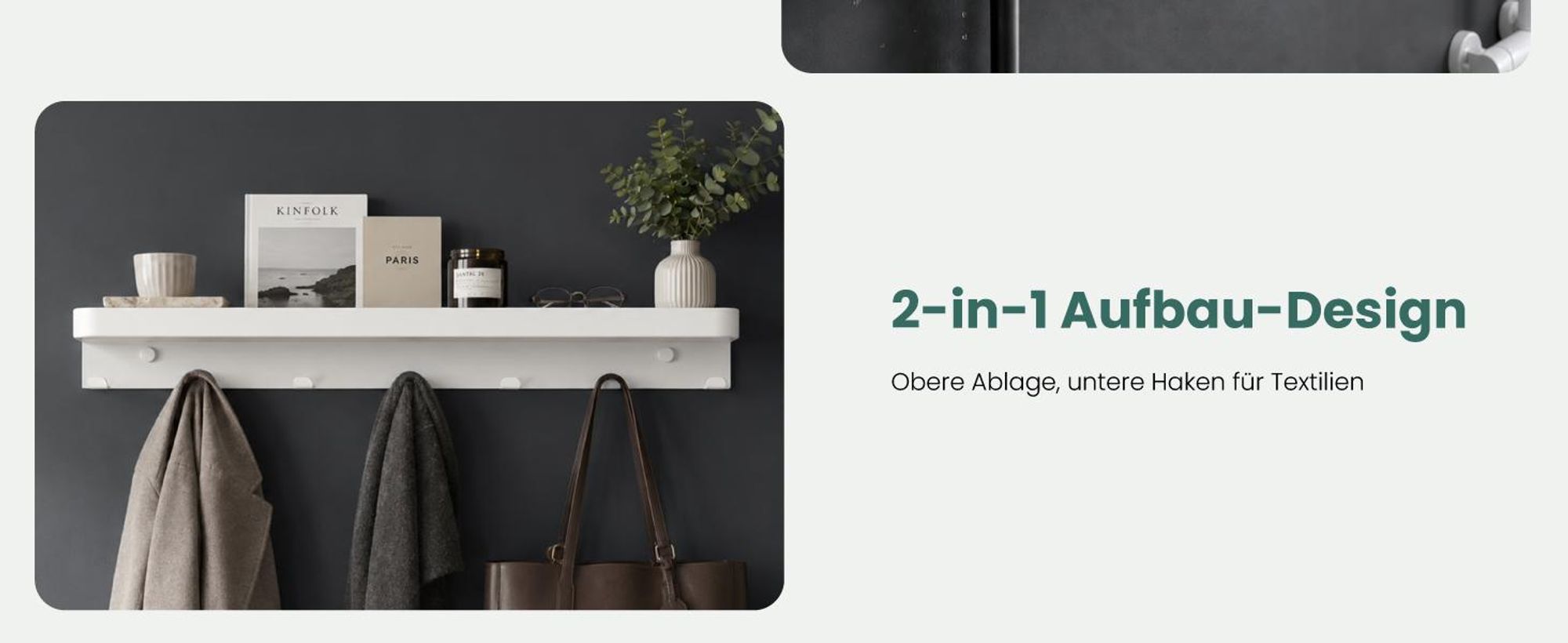 Mai & Mai Wandgarderobe mit Ablage, Garderobenleiste Inkl.7 Garderobenhaken Weiß 50cm, Reglo-20