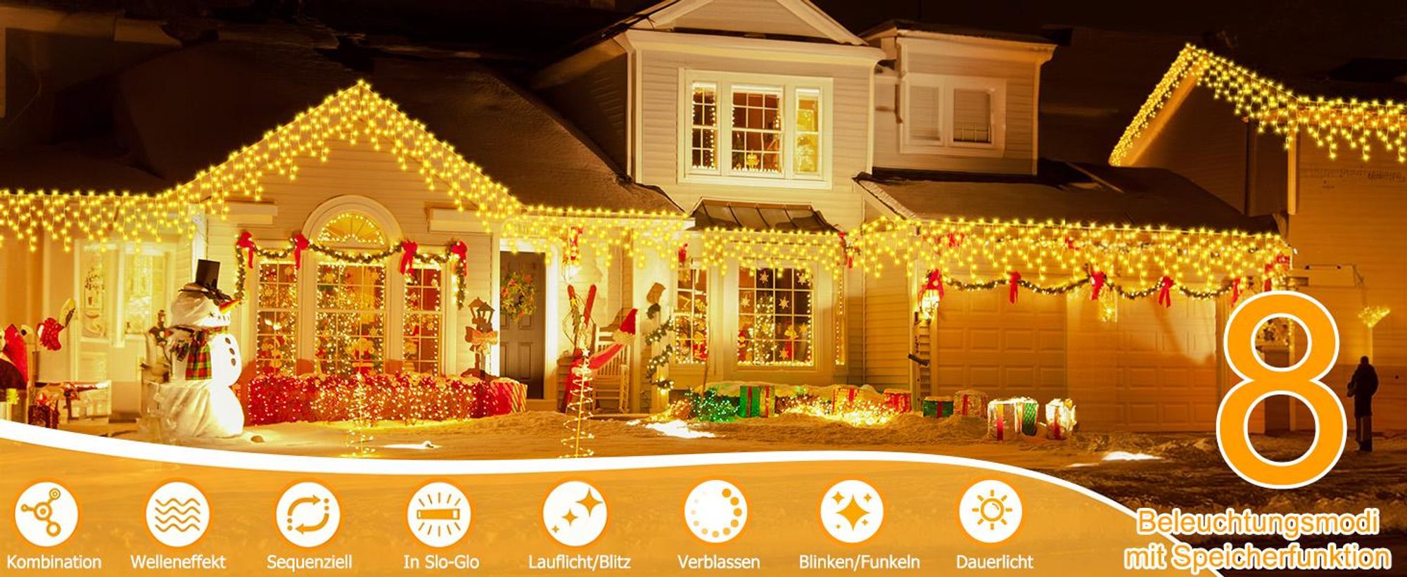 10m 400 LED Eiszapfen Lichterkette 8 Modi Lichtervorhang Wasserdichte Weihnachtsbeleuchtung Innen Deko, Warmweiß