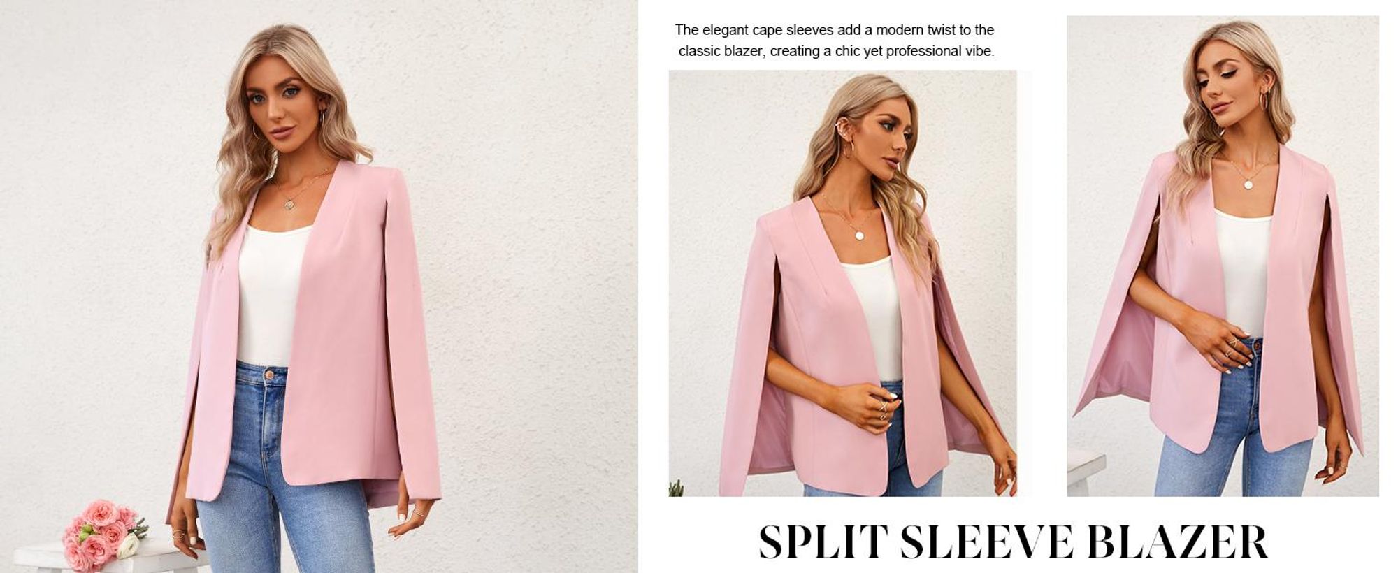Damen-Blazer im Cape-Stil mit geschlitzten Ärmeln und offener Vorderseite,Größe:L