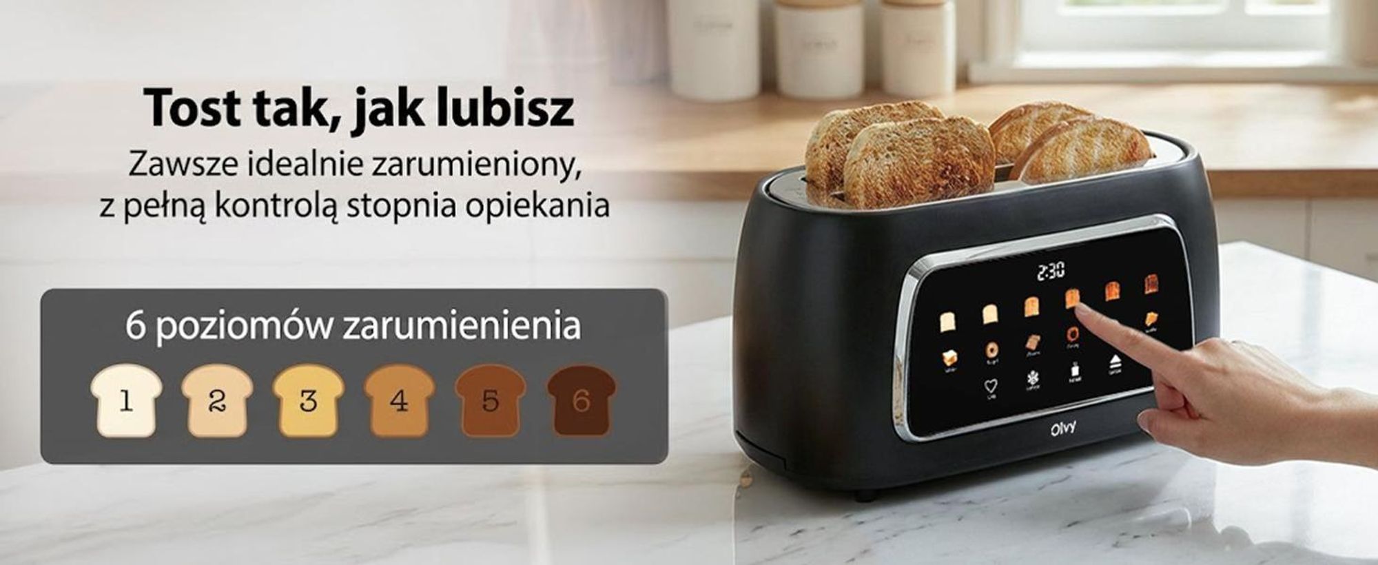 Toster Olvy na 4 kromki, długie otwory, wyświetlacz cyfrowy z timerem, 6 stopni opiekania, szerokie otwory, funkcja rozmrażania i podgrzewania, 1500 W, czarny