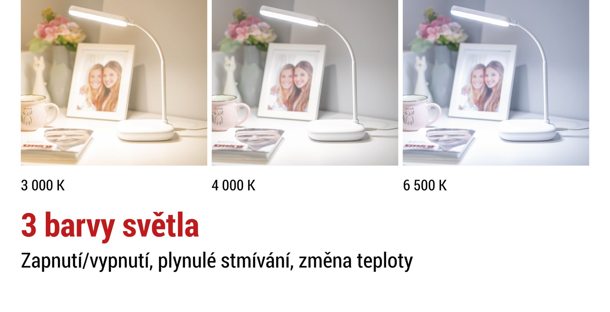 EMOS LED stolní lampa MOLLY 12W, jas 650lm, stmívatelná, nast. barva světla, flexibilní rameno lampy, 1,5m kabel + adaptér, bílá, Z7638W