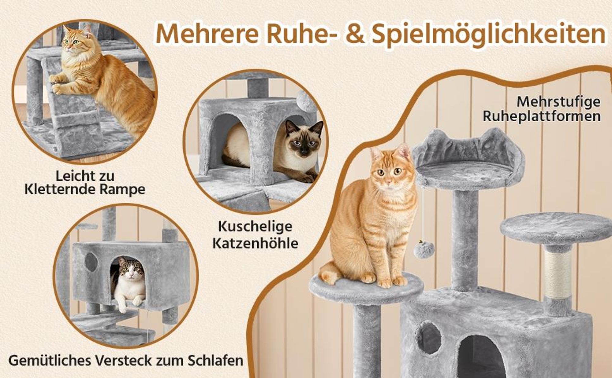 Yaheetech Kratzbaum 158 cm, mit Sisalstämmen, stabiler Katzenkratzbaum, Kletterbaum für Katzen, Hellgrau