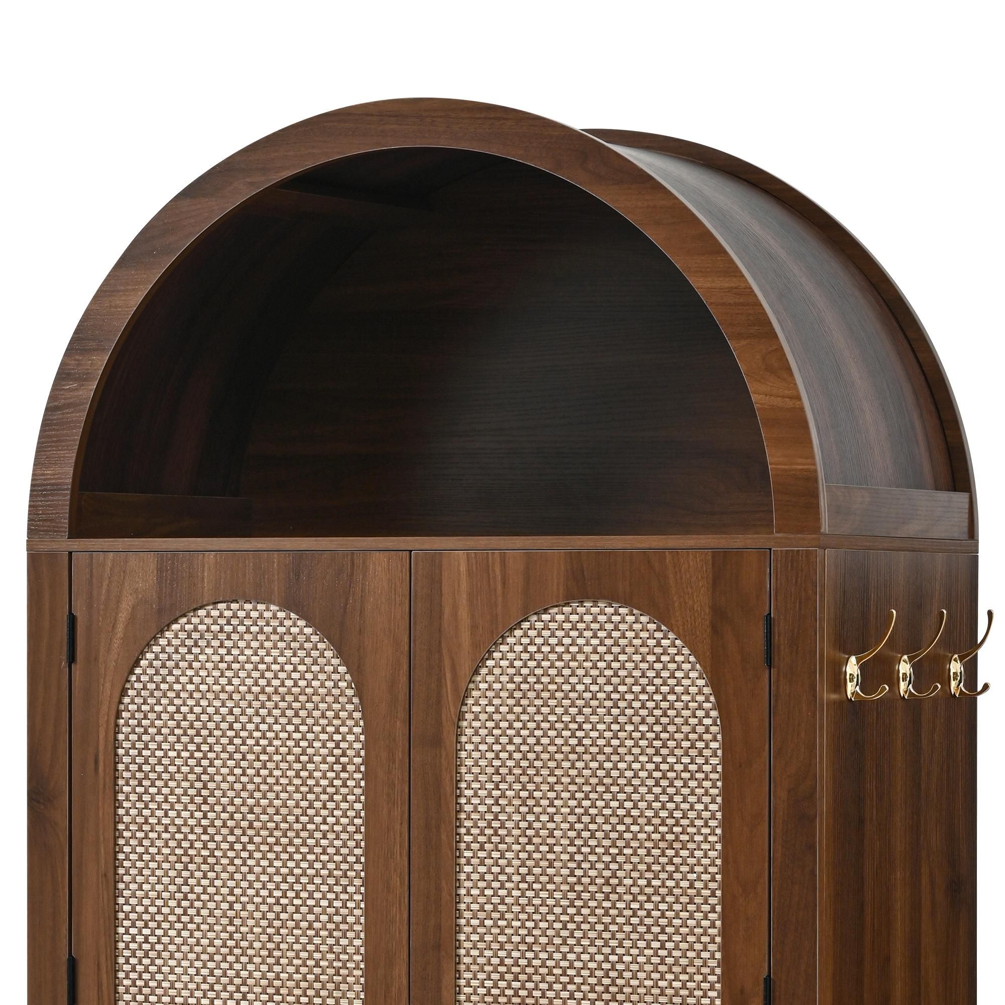 Merax Kleiderschrank im Korbgeflecht-Bogenstil,Sideboard mit Doppelschubladen und Rattan-Türen, Vintage Aufbewahrungsschrank mit Haken, Nussbaum