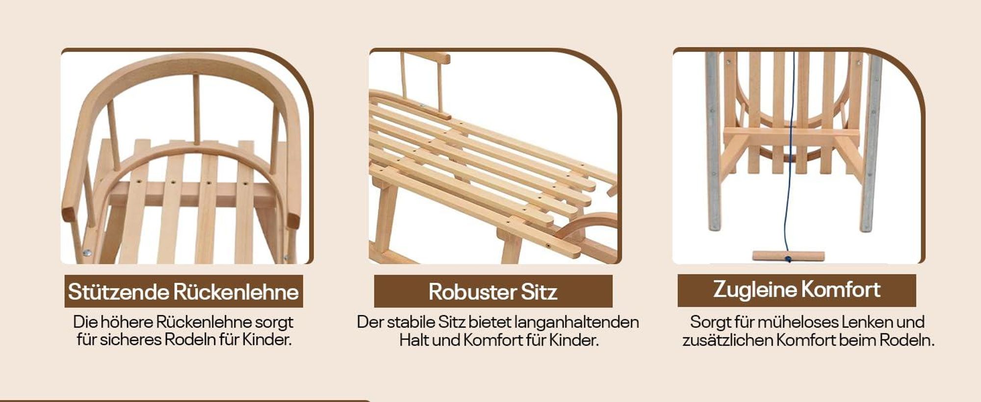 Holzschlitten | Hörnerrodel 120 cm mit Rückenlehne | Schlitten Kinder Holz | Kinderschlitten aus Holz | Perfekt für Winterabenteuer bis 200 kg