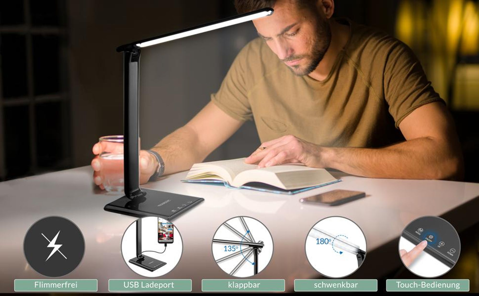 MONZANA® LED Schreibtischlampe USB Anschluss 3 Farb- 5 Helligkeitsstufen Touch Dimmbar Warmweiß Tischlampe Büro Nachttischlampe Warmes Licht Schwarz