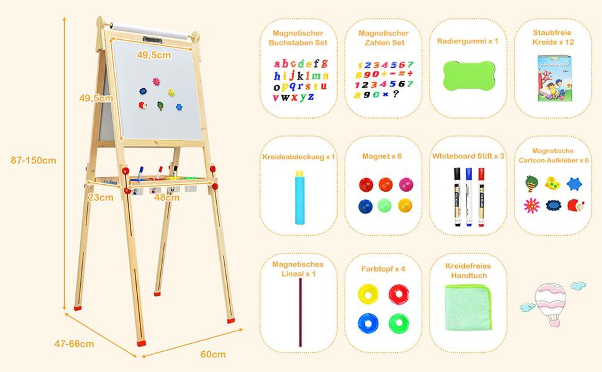 COSTWAY 3 in 1 Kindertafel aus Holz, Kinder Staffelei höhenverstellbar mit Whiteboard & Kreidetafel & Zeichenpapier, Magnettafel mit Ablage&Zubehör