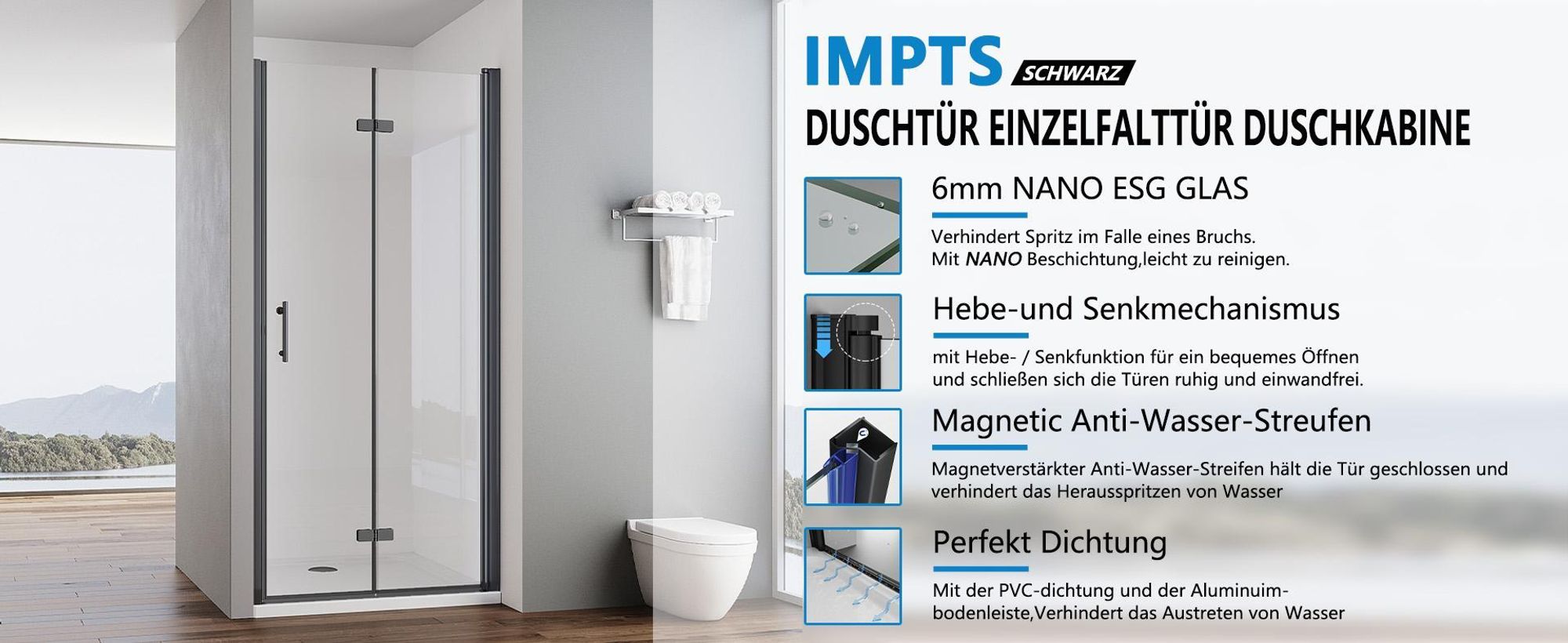IMPTS Schwarz Nischentür Duschkabine Falttür Duschabtrennung 90cm x 195cm Faltbar Duschwand Eckeinstieg Sicherheitsglas Duschtür Eckdushe Höhe 195cm