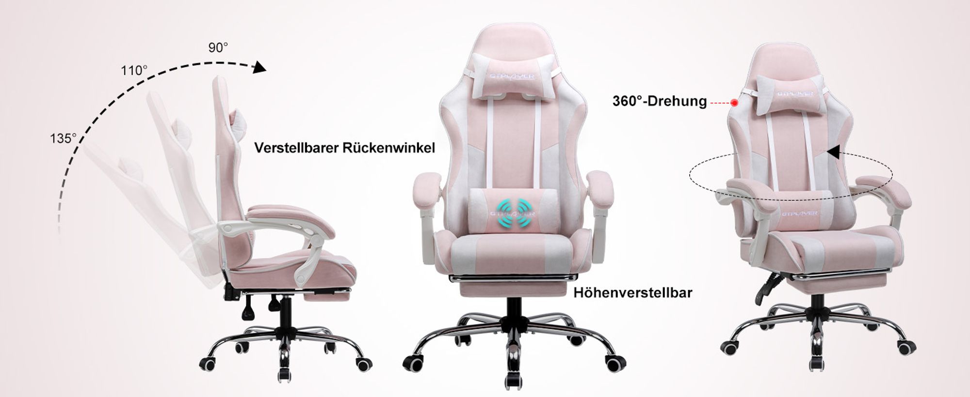 GTPLAYER Bürostuhl Gaming Stuhl Stoff Gaming Sessel Ergonomischer Gamer Stuhl mit Fußstütze, Kopfstütze Lendenkissen, Gepolstert Gaming Chair, rosa