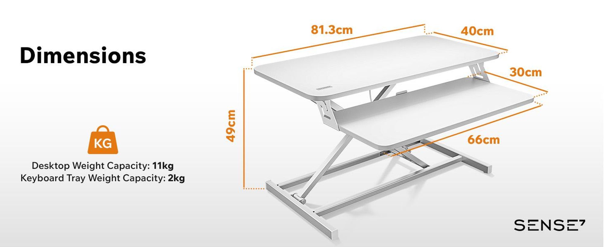 SENSE7 Stolný konvertor, biely, ergonomický stolný nadstavec, výškovo nastaviteľná pracovná stanica na sedenie a státie, 81 x 40 cm, kancelársky stojan na monitor s nosnosťou do 13 kg