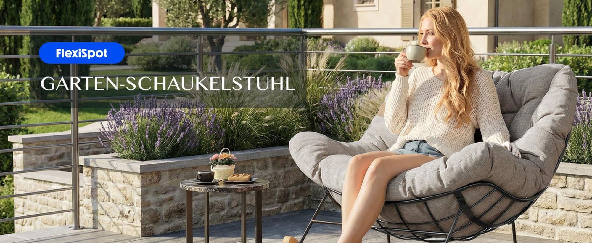 FLEXISPOT Schaukelsessel Outdoor, Gartenliege & Loungesessel mit Kissen, stabilem Metallrahmen, ideal für Balkon, Terrasse, Garten & Wohnzimmer, Braun
