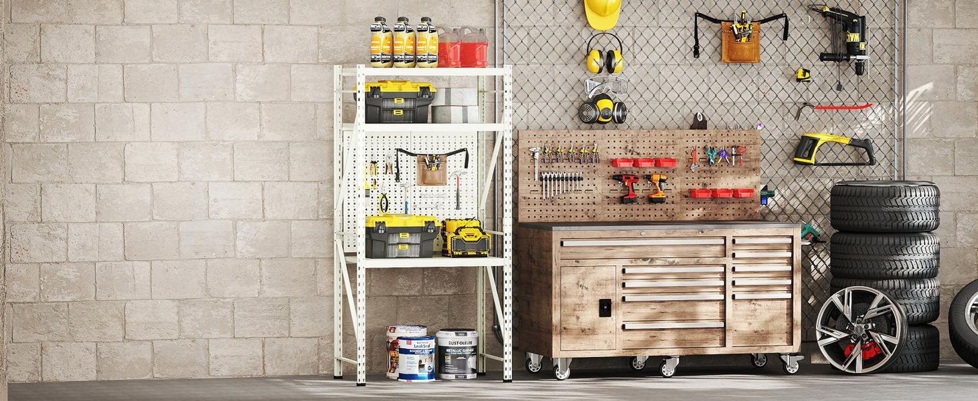 FLEXISPOT Werkbank aus Stahl, Arbeitstisch mit Lochwänden und oberer Ablage, Lagerregal bis 200 kg, für Werkstatt, Lager, Büro und Haushalt (Grün)