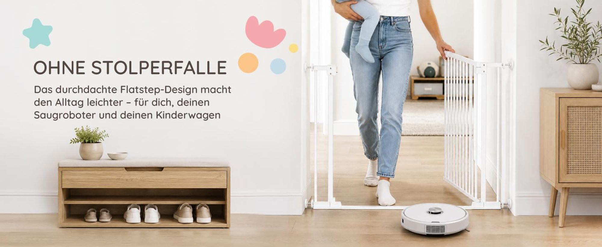 Mivio Nala Türschutzgitter 90–98 cm Weiß | Treppenschutzgitter ohne Bohren | Kinderschutzgitter Flatstep Auto-Close | Hundegitter