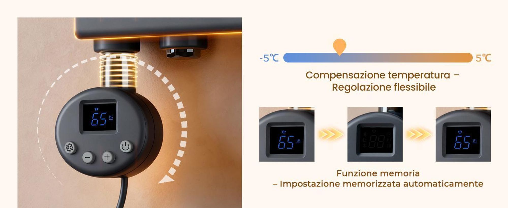 Toallero eléctrico de 1320 x 600 mm, 800 W, color antracita, con termostato, conexión Wi-Fi, temporizador y pantalla LCD – S'AFIELINA