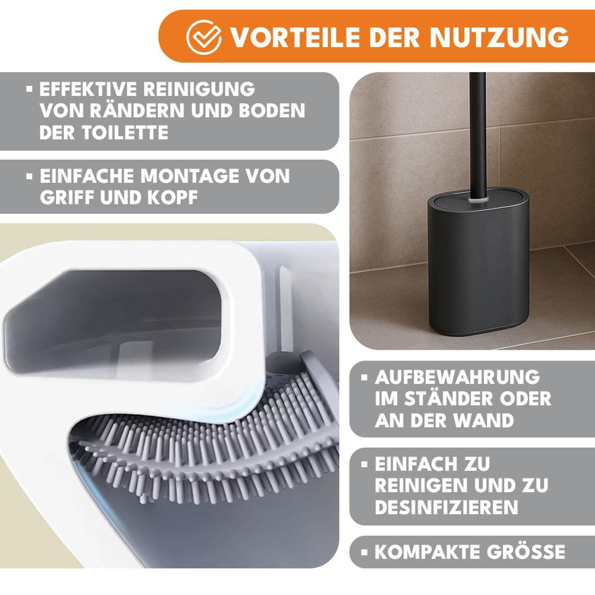 KRUMAD Silikon WC Bürste mit Halter, Toilettenbürste für Toilette, Klobürste mit Behälter, breite Bürstenkopf, Schwarz Grau, 25 cm