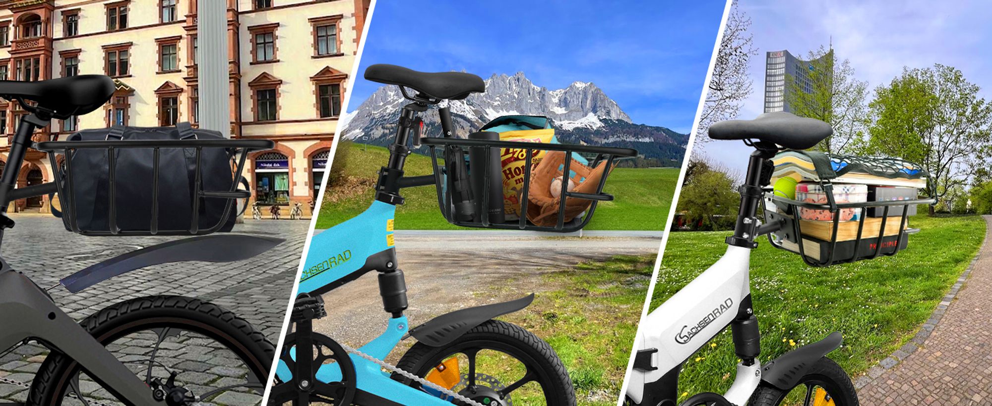 SachsenRAD Fahrrad-Heckträger mit Korb für F11 und F12, Fahrradkorb hinten Gepäckträgerkorb Fahrrad Hinterradkorb engmaschig Korb