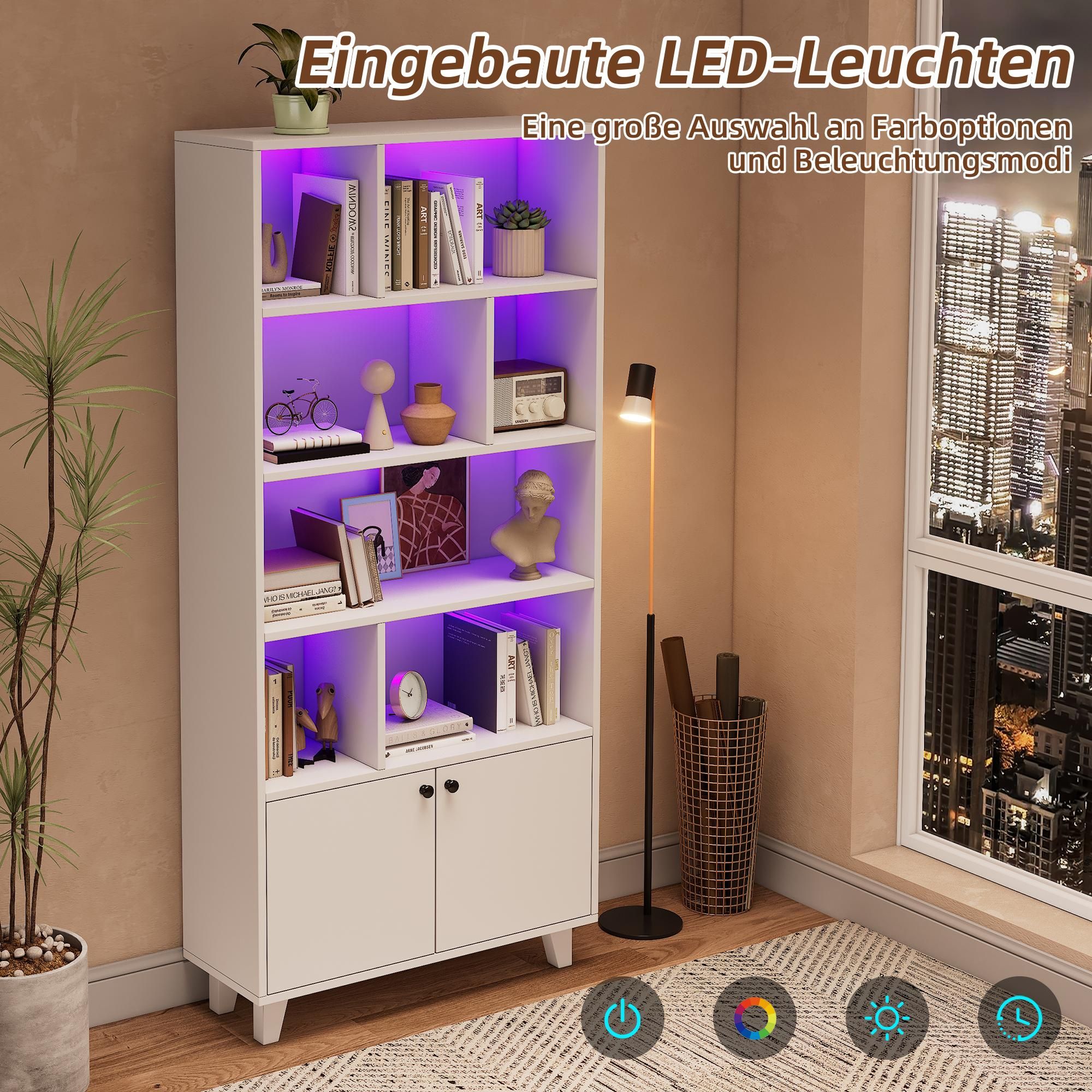 Merax Vitrinen Bücherregal mit LED-Ambientelicht & Fernbedienung, Massivholzfüße, 2 Türen, Regalfächer, Schrank Wohnzimmer, 80x30x173cm, Weiß