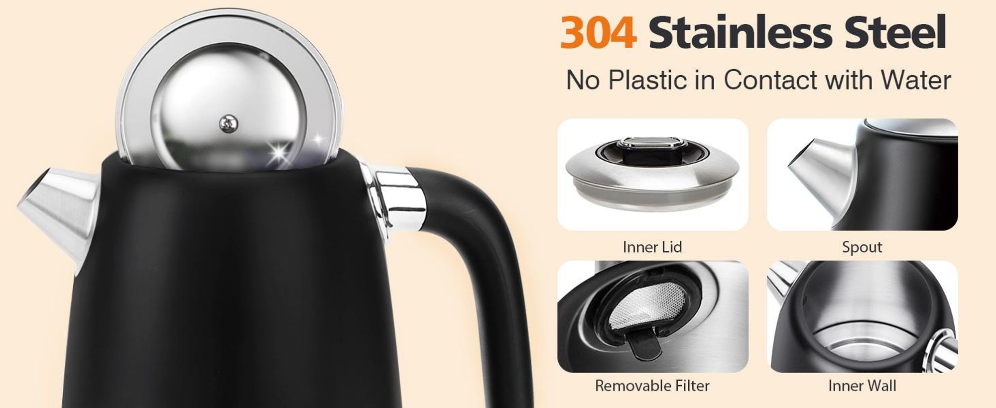 Aigostar - 1,7 Liter 2200W Digitaler Edelstahl Wasserkocher mit Temperatureinstellung 40-100℃, Schwarz