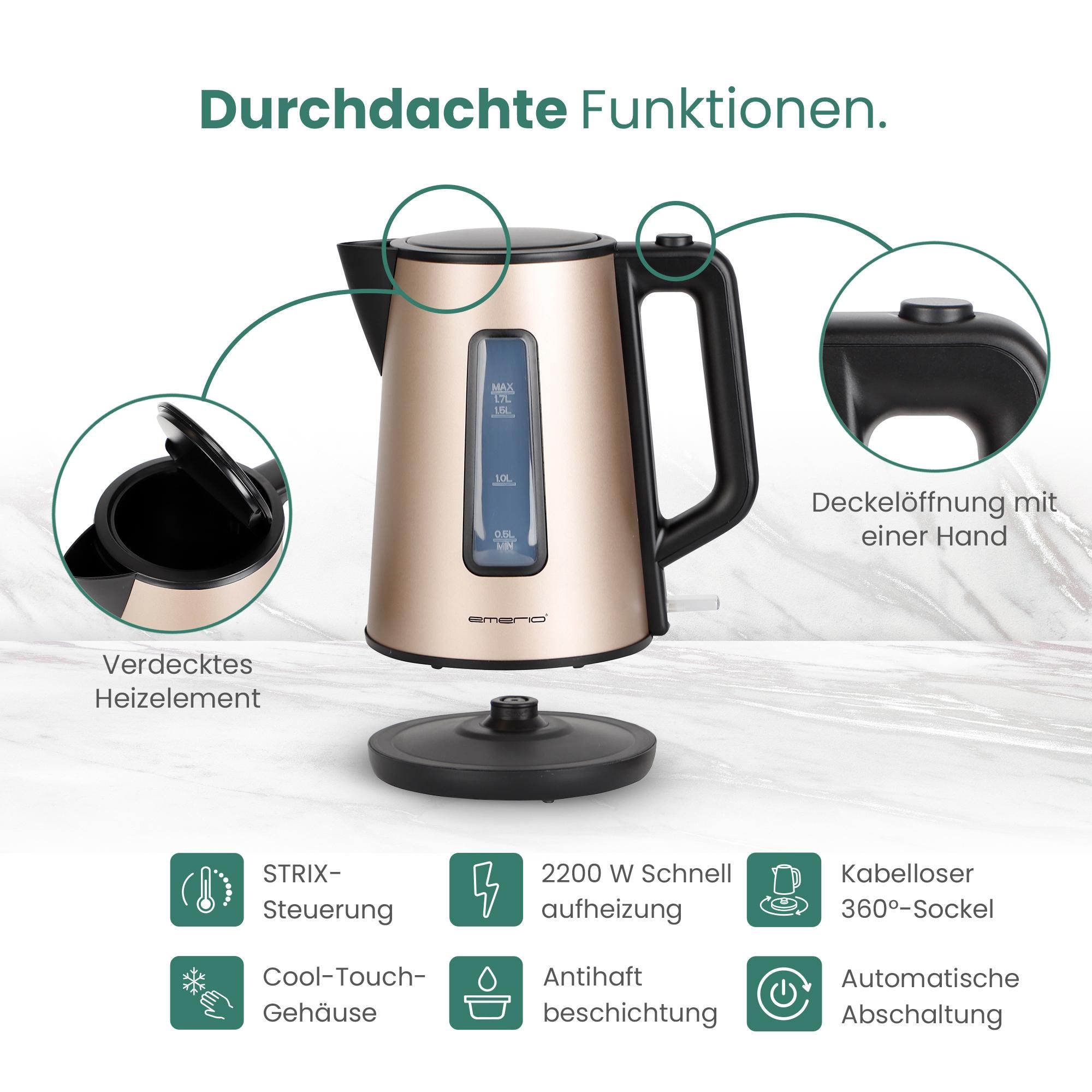 Emerio Wasserkocher 1,7 L – 2200 W – Cool Touch – Automatische Abschaltung – Edelstahl/Schwarz – WK-122829