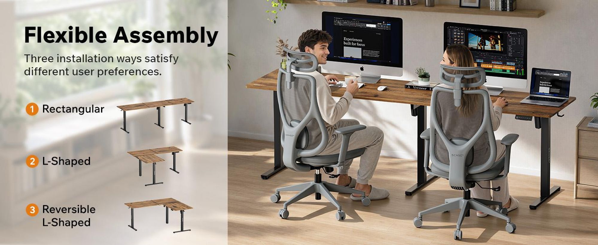 SENSE7 NOJO, rohový písací stôl, model Light Corner, elektricky nastaviteľná výška, rozmer 160x140, tvar L, stojací pracovný stôl, dvojitý motor, vzhľad dreva, tmavohnedá a čierna farba