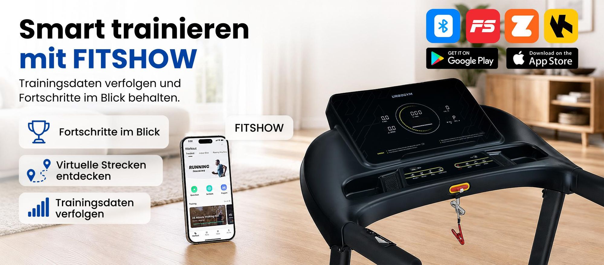 URBOGYM V700S Laufband – 18 km/h, automatische Steigung mit 18 Stufen, Lauffläche 50 × 130 cm, bis 140 kg, klappbar, FITSHOW