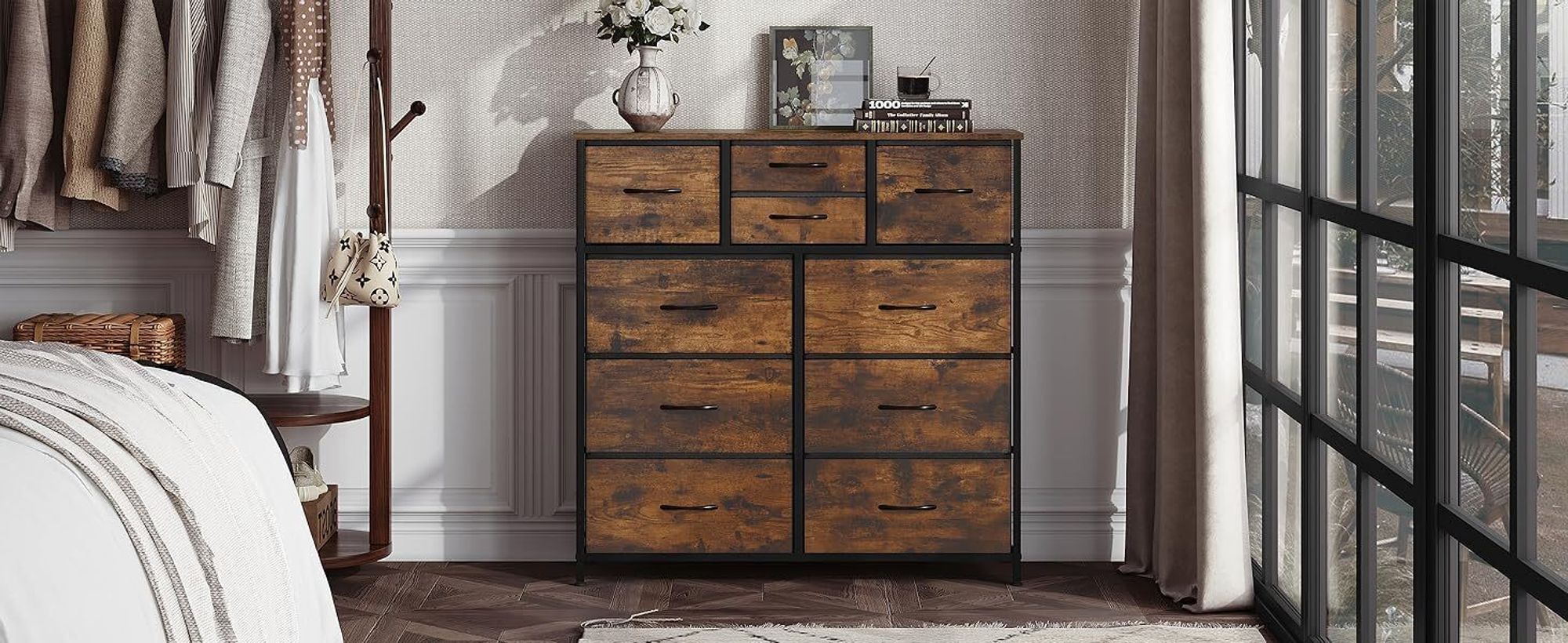 WOLTU Kommode mit 10 Schubladen aus Stoff, Sideboard, Metallrahmen, Industrial Stil : Vintagebraun Farbe: Vintagebraun