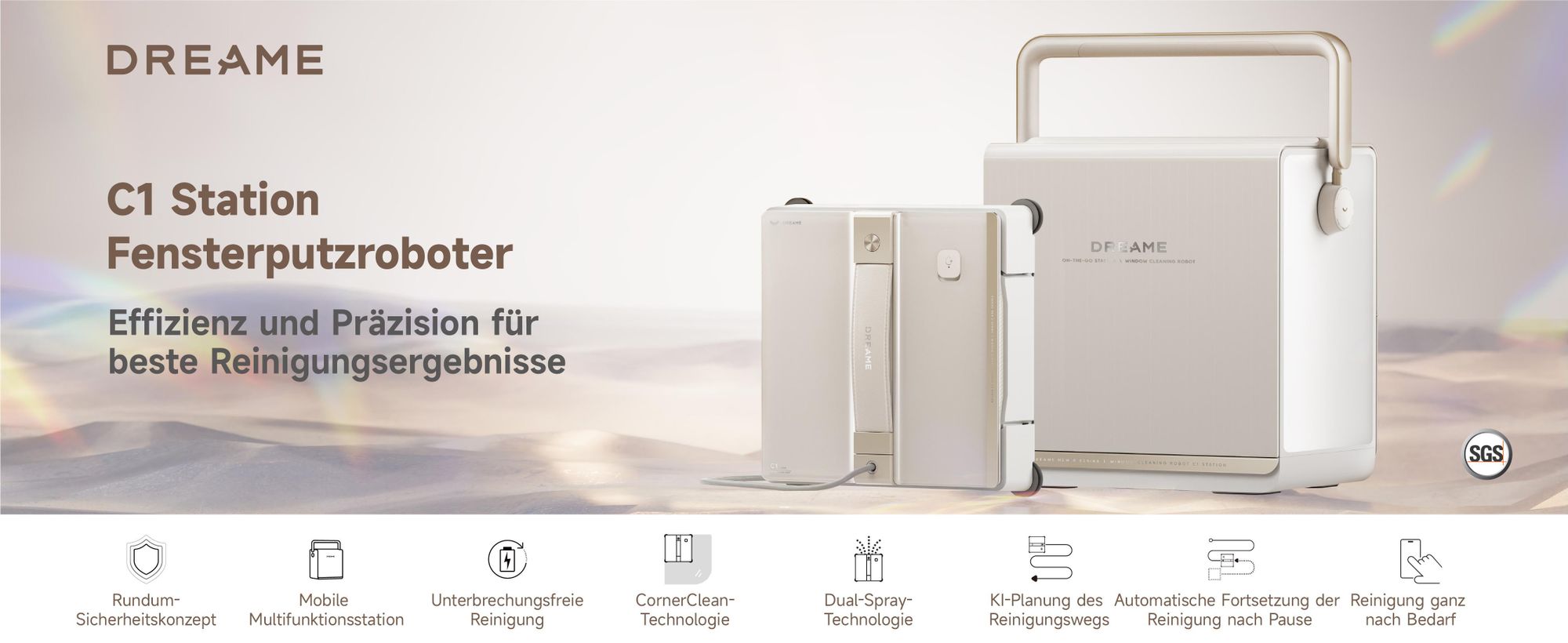 Dreame C1 Station Fensterputzroboter,5500Pa Saugkraft,Stabil und sicher,Nass-und Trockenreinigung,Dual-Spray,CornerClean,Intelligente Navigation,Creme
