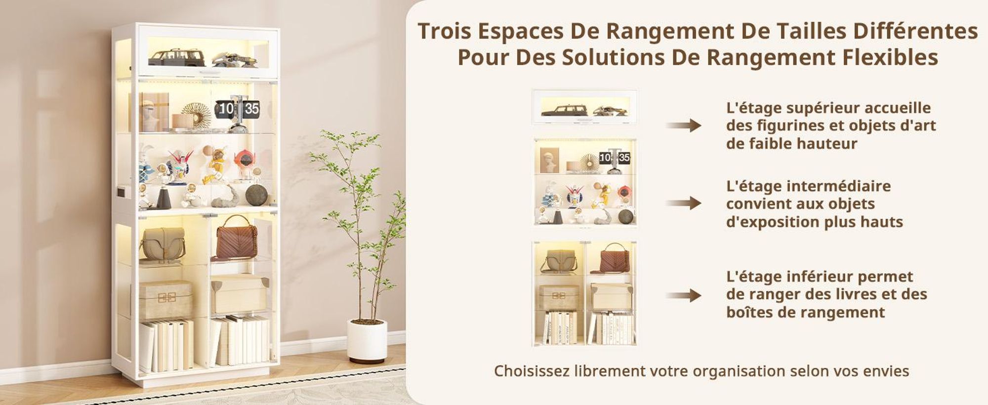 Vitrine Puluomis : Vitrine en verre avec éclairage à 3 couleurs et capteur, meuble vitrine sans poignée, dimensions 80 x 35 x 180 cm, idéal pour présenter des objets dans un salon ou une chambre