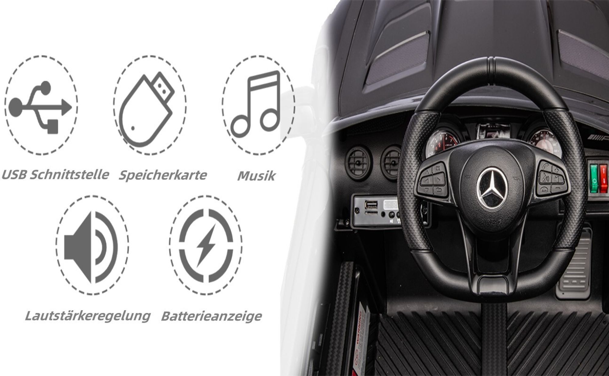 Elektroauto Kinderauto Mercedes Gtr, mit 2,4G Fernbedienung, LED Scheinwerfer, MP3, Hupe und Musik, Schwarz