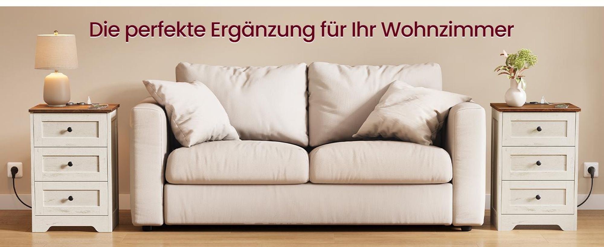 VASAGLE Nachttisch mit Steckdose und 3 Schubladen, 40 x 30 x 59 cm, Weiß und Braun