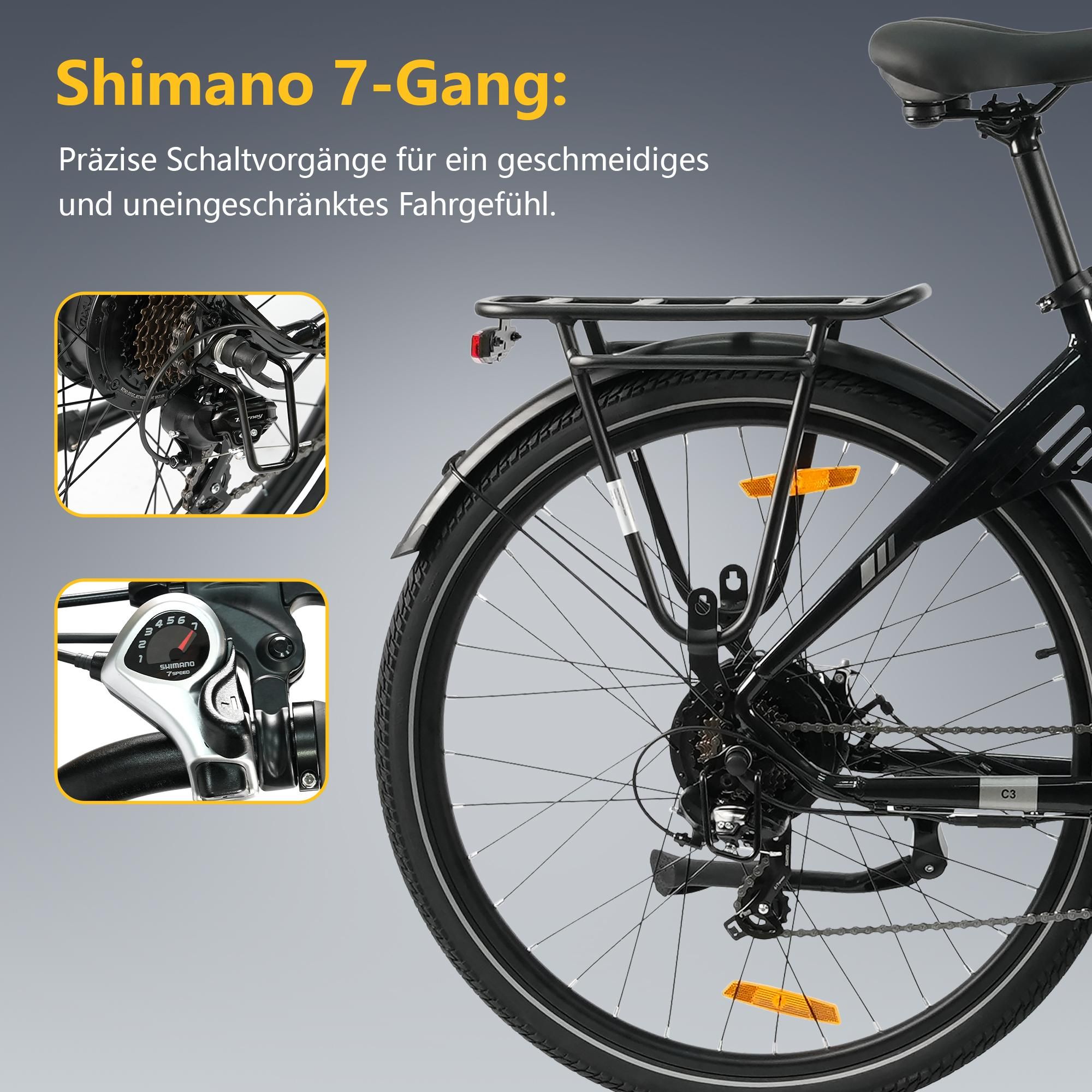 28'' 18Ah Elektrofahrrad E-Bike Pedelec Unisex 7Gang E-MTB E-Citybike, Elektrofahrrad 25KM/H für Damen und Herren ab 170 cm Schwarz Wasserdicht