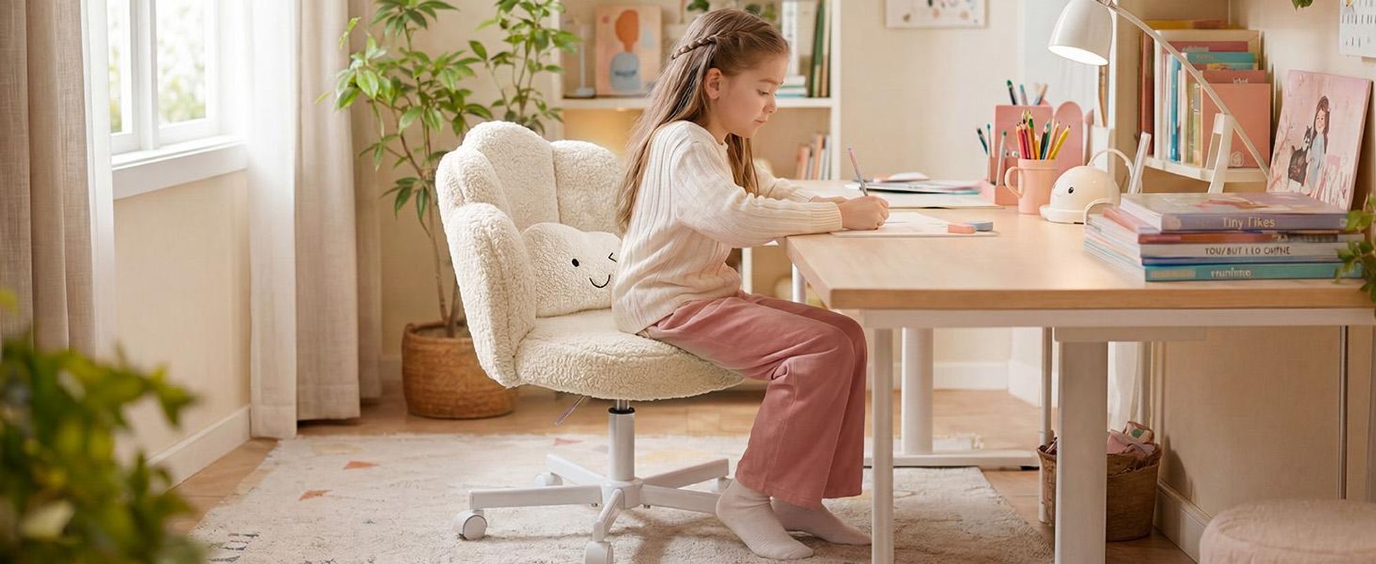 Chaise de bureau COMHOMA, chaise de maquillage à roulettes avec double dossier et coussin moelleux, chaise pivotante réglable en hauteur, tissu Teddy, beige