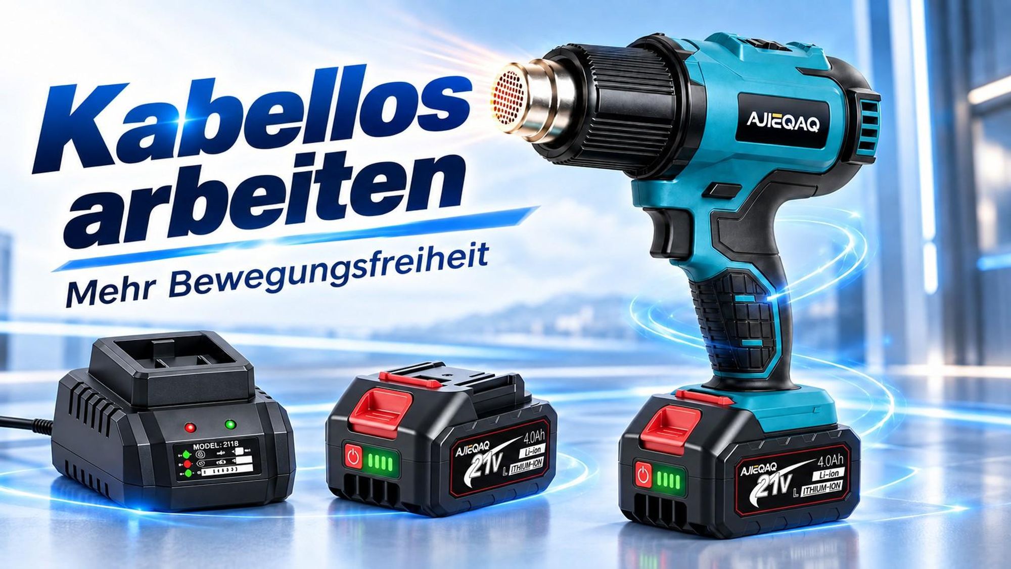 Akku-Heißluftpistole 21V, 500W Heißluftgebläse, 300/550°C, 250/500 L/min, 2×4,0Ah Akkus, 3 Düsen, Koffer