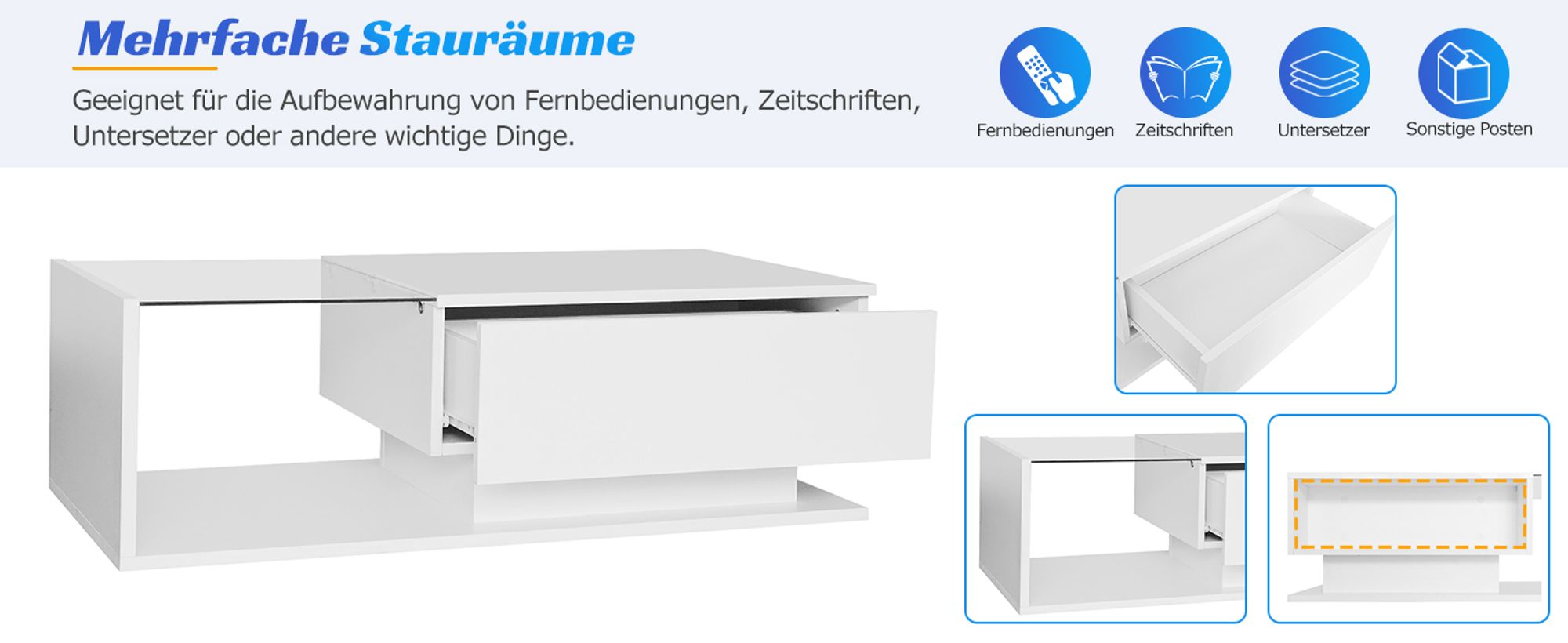 MODFU Couchtisch Wohnzimmertisch mit LED-Hochglanz für Wohnzimmer,Schlafzimmer,Sofatisch Beistelltisch Rechteckiger mit Glasplatte und Schubladen,Weiß