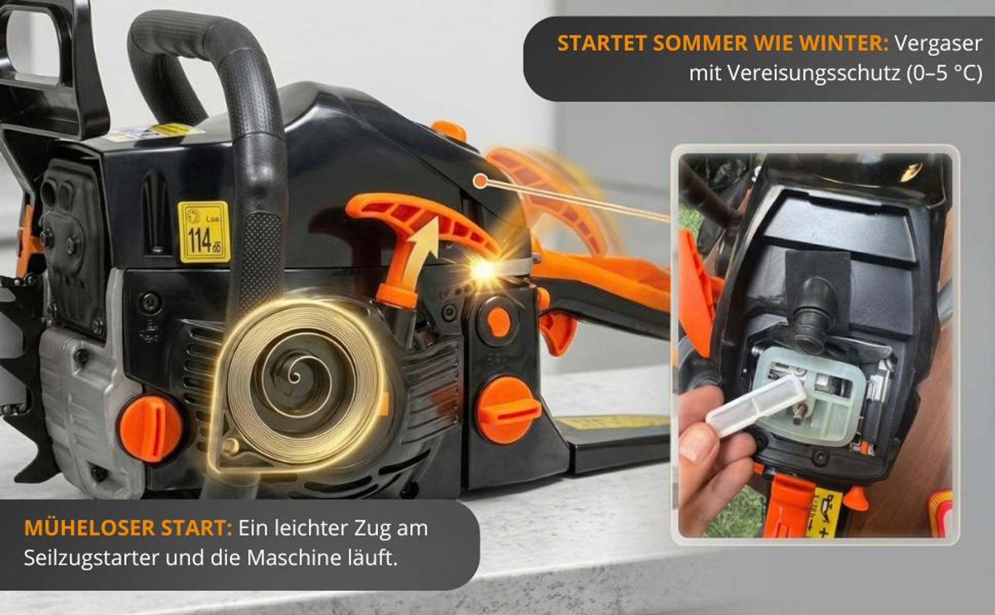 TOP CUT TC-CS58 Benzin Kettensäge Motorsäge 5,7 PS | 58 ccm | 2 Schwerter 40 & 50 cm | 2 Ketten | Easy Start Seilzug | XXXL Zubehör Set