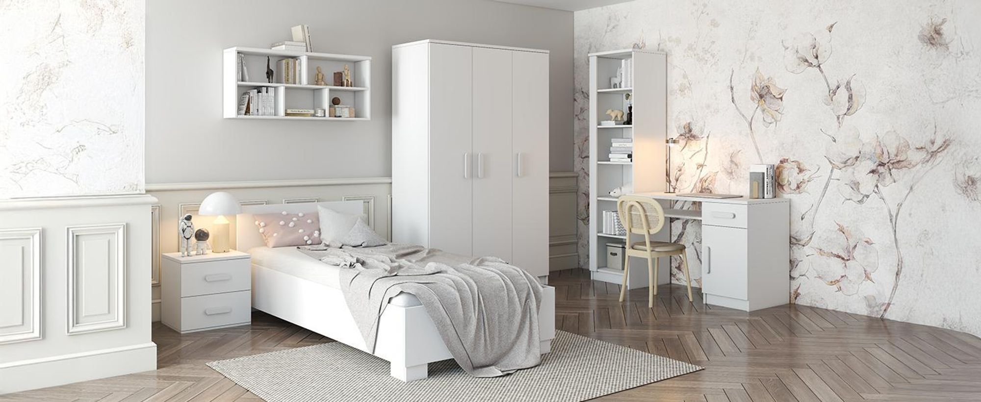 Drehtürenschrank, Kinderkleiderschrank 120 cm Weiß/Weiß, rosane Griffe JONAS I 19