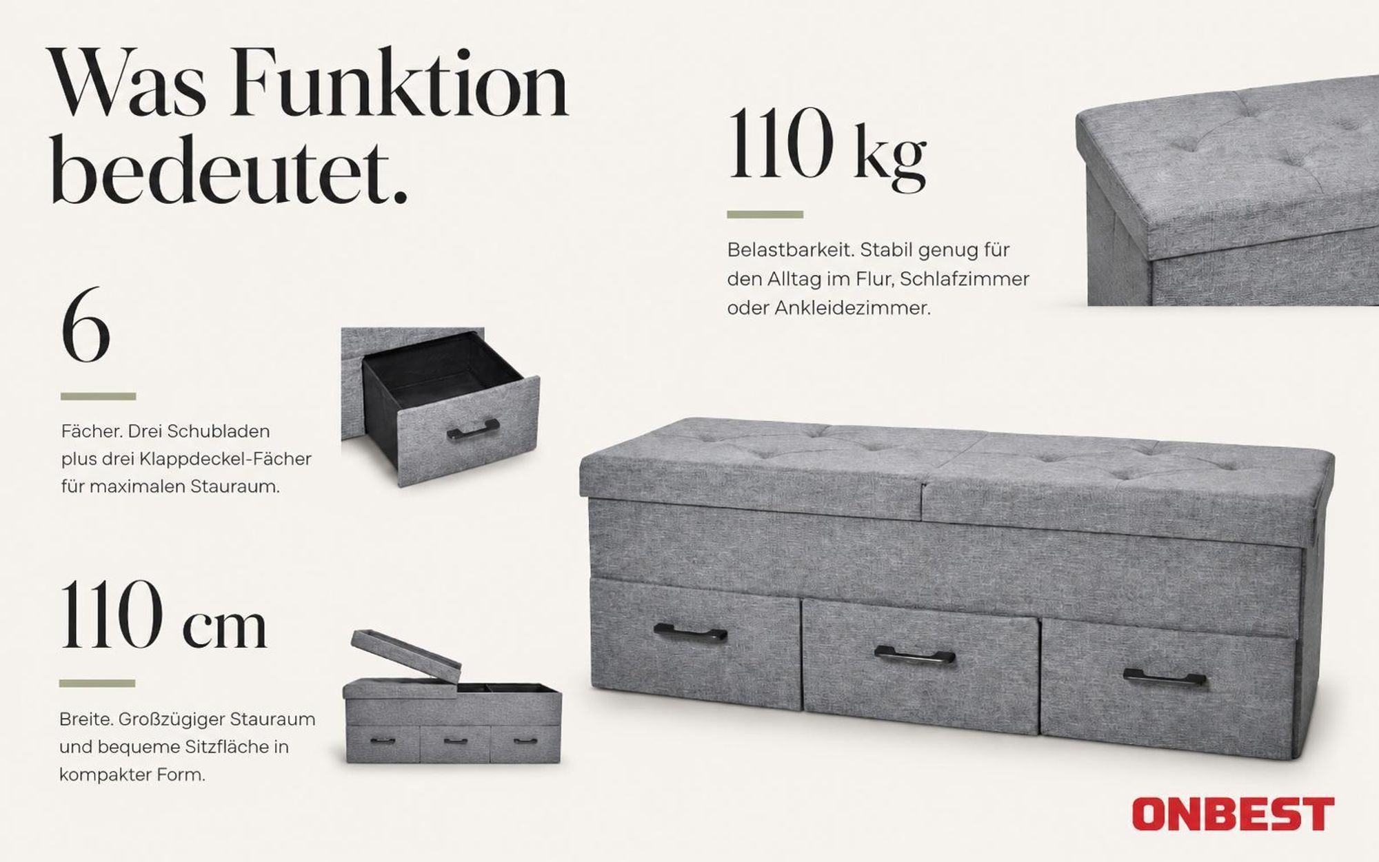 ONBEST Sitzbank mit Stauraum | 3 Schubladen | Grau | 110 kg | 110x40x36cm (BxHxT) | Leinenoptik | gepolstert | klappbarer Deckel