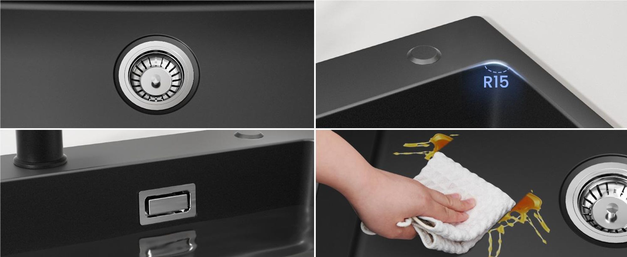 CECIPA MAX Spülbecken Schwarz Granit 60x45  Küchenspüle Rechteckig, Moderne Einbauspüle Granit, Waschbecken Küche, Einzelbecken mit 2 HahnLöcher