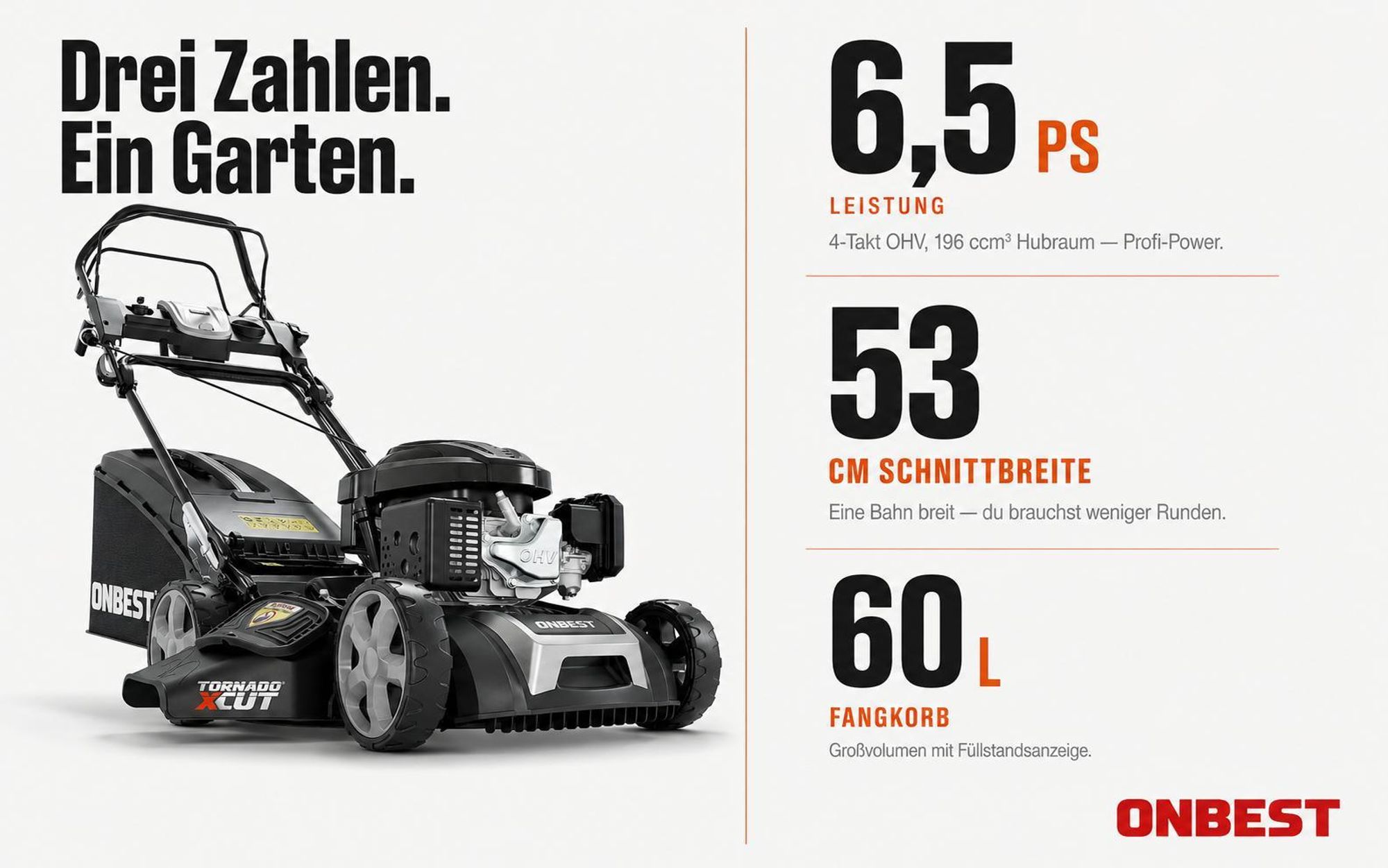 ONBEST Rasenmäher Benzin mit Antrieb TXC-3653E | 53 cm Schnittbreite | Elektrostart | 6,5 PS | Doppelmesser mit Sograd