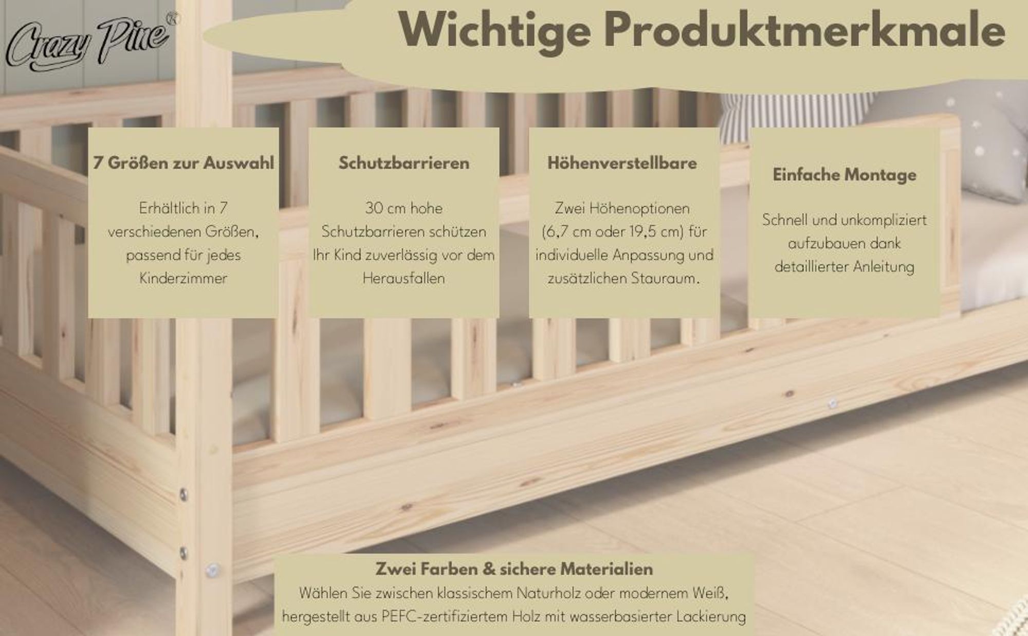 Crazy Pine Hausbett 190x100 cm – Kinderbett aus Naturholz in Weiß – Montessori Bodenbett mit Höhenverstellbaren Beinen - Crazy Blanco