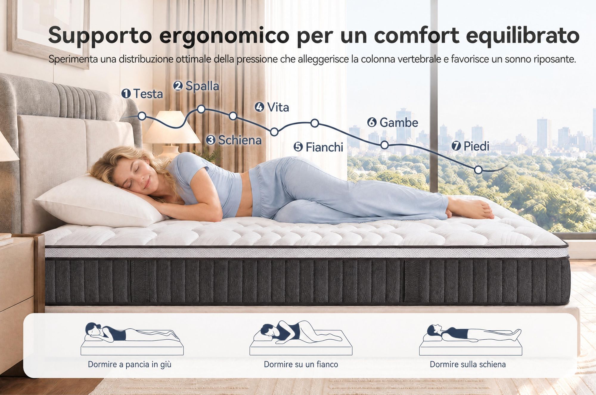 Materassi 140x200 cm, altezza 22 cm, con topper integrato. Materasso a molle insacchettate, 7 zone di comfort, rigidità H3/H4