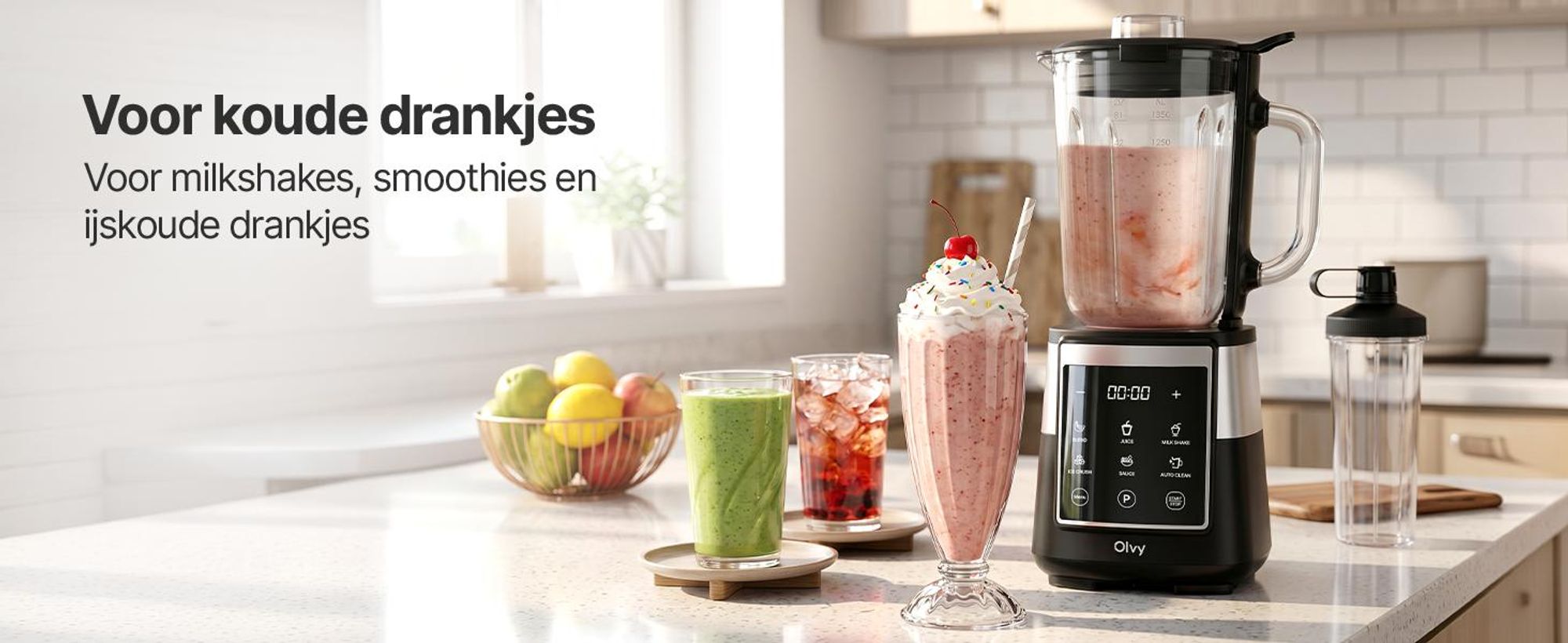 Olvy staafmixer, 1,5 liter glazen kan met 600 ml Tritan-beker, mixer met touchscreen, pulsefunctie en automatische reiniging, geschikt voor smoothies en het vermalen van ijs
