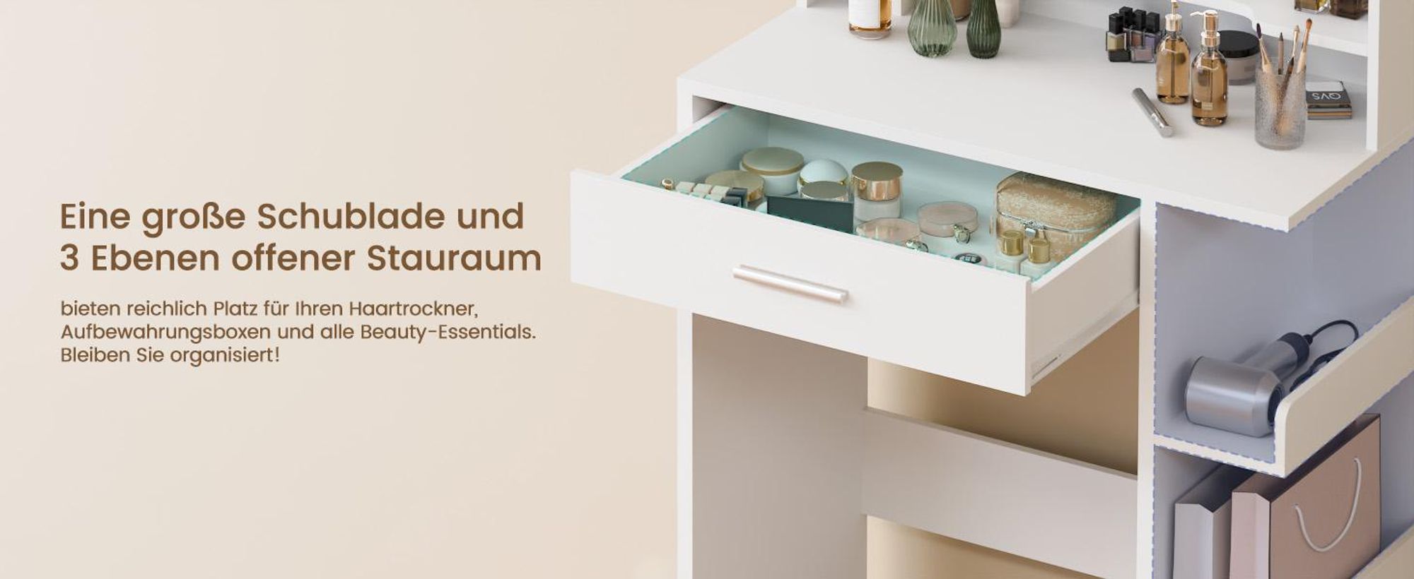 MONDEER Schminktisch Kosmetiktisch (Weiß, 67 x 36 x 138 cm), mit Spiegel und 10 LED-Lichtkugeln,1 Schublade und 7 Offenen Fächern