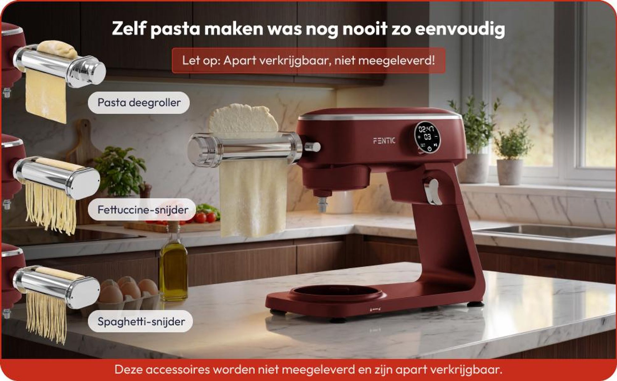 De tekst luidt 'Zelf pasta maken was nog nooit zo eenvoudig' en 'Laat je Amici introduceren, met mensenhoofd! ' Donkerrode pastamachine afgebeeld in de huiskeuken met accessoires.