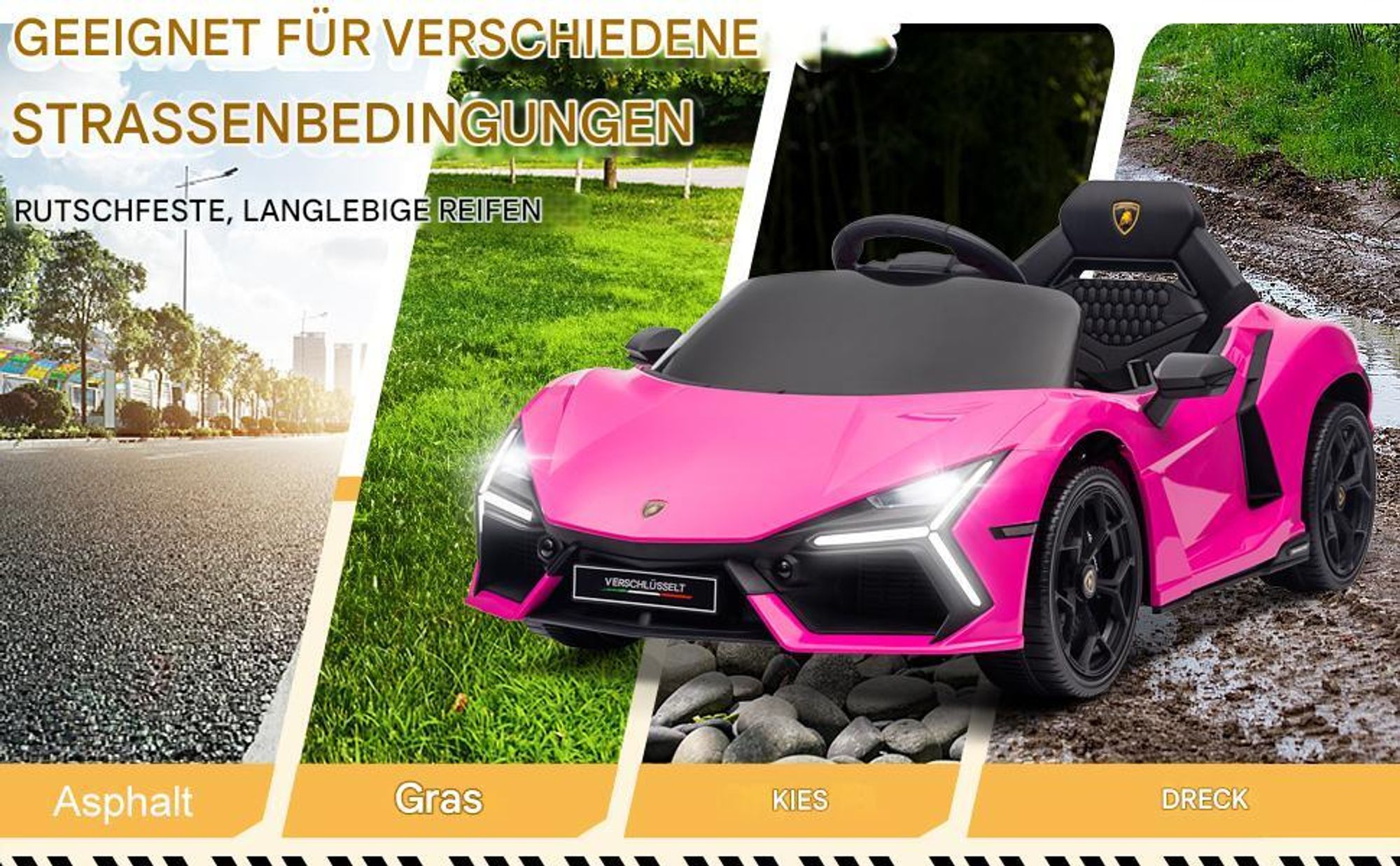 Lamborghini Revuelto, 12V Kinder-Elektroauto mit 2.4GHz Fernbedienung, drei Geschwindigkeitsstufen, Rosa
