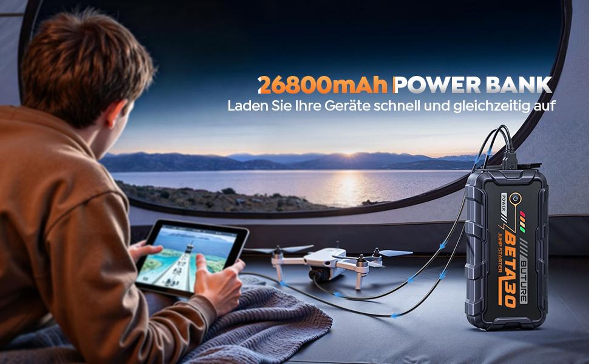 Buture Starthilfe Powerbank, 6000A 26800mAH, Starter Powerbank Auto Starthilfe, Drei-in-Eins-Startnetzteil, Starthil