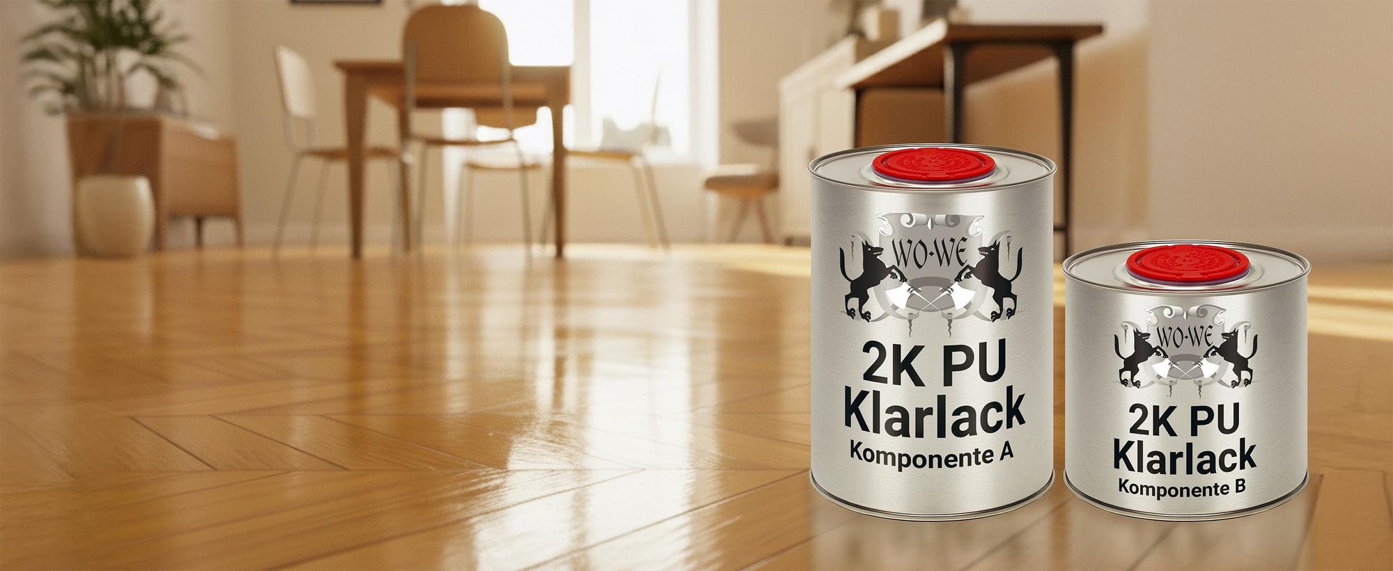 Zwei Dosen WO-WE 2K PolyurethanKlarlack auf glänzendem Parkett in modern eingerichteter Wohnung.