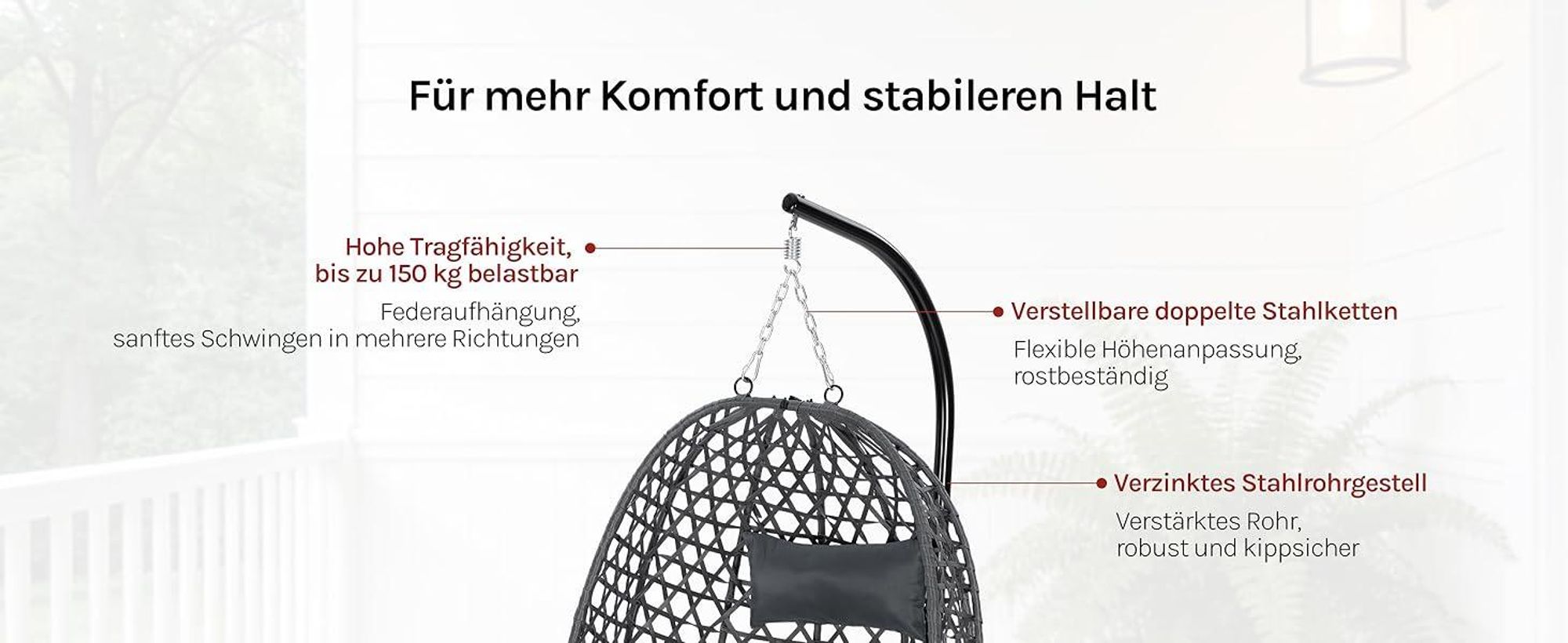 WOLTU Hängesessel mit Gestell bis 150 kg belastbar PE-Rattan, Grau