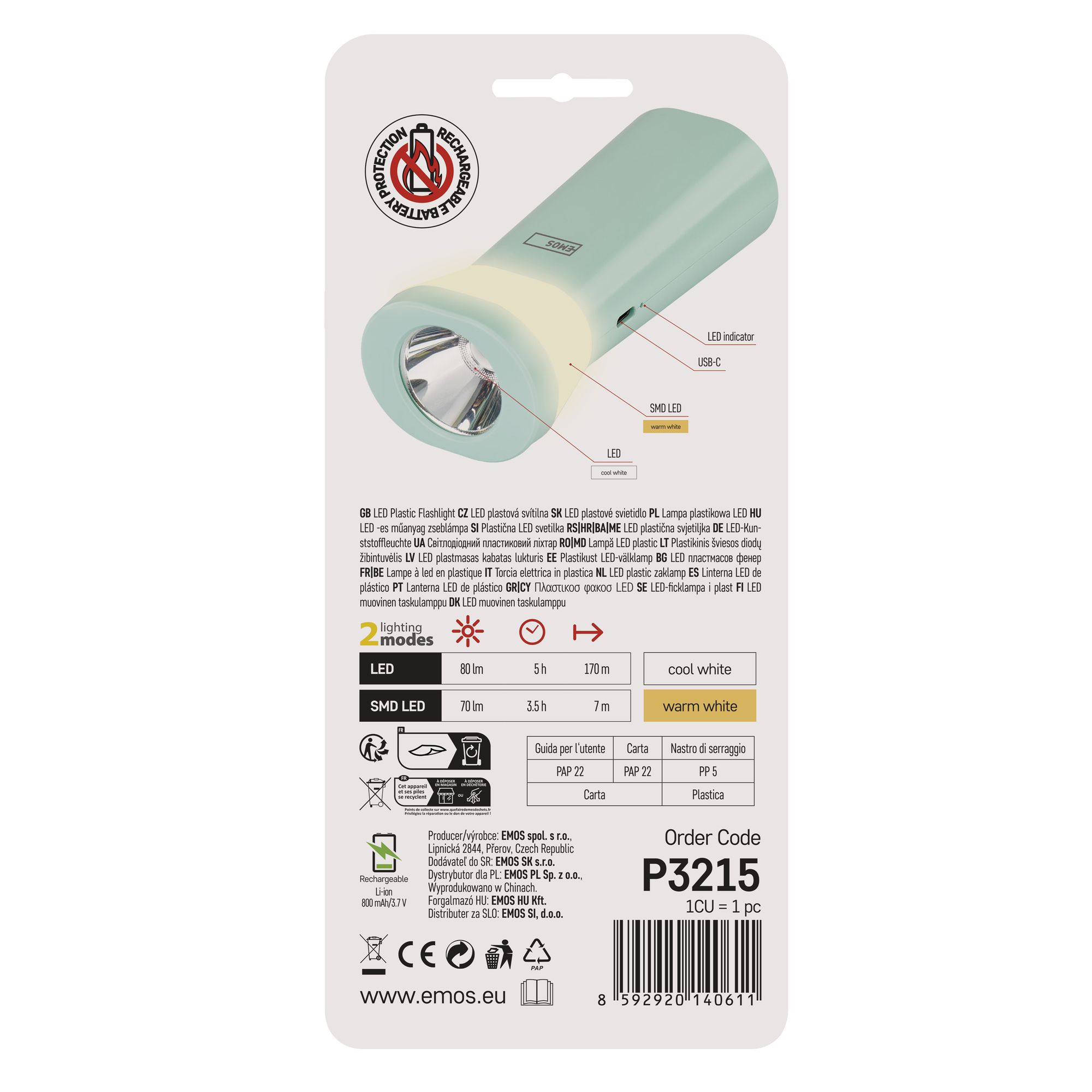 EMOS Aufladbare Kindertaschenlampe und Nachtlicht - 800 mAh Li-Ion Akku - 5h Leuchtdauer - Reichweite 170m, Helligkeit 80lm - inkl. USB-Kabel, P3215