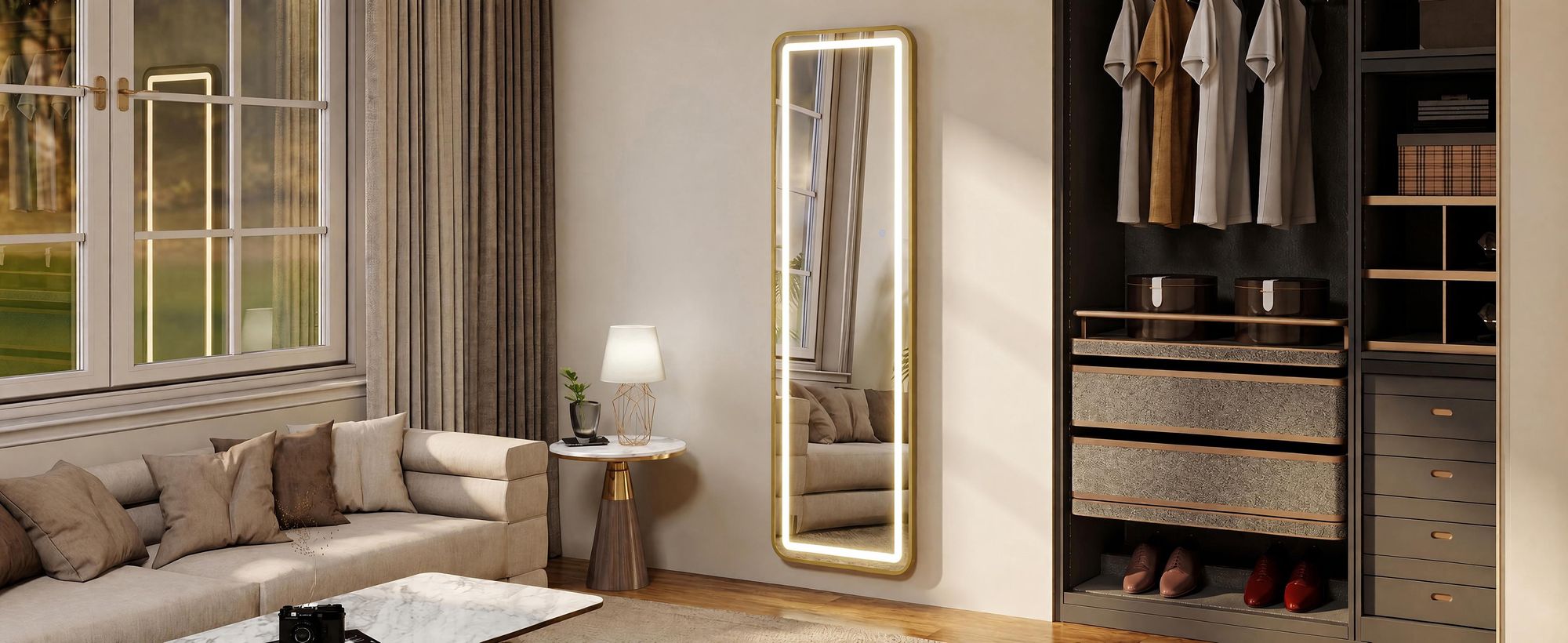 INONEFT Ganzkörperspiegel mit Beleuchtung 150x40 cm, Aluminiumrahmen, Spiegel Groß Dimmbar & 3000-6500K, Verstärktes Glas, Standspiegel, Goldene